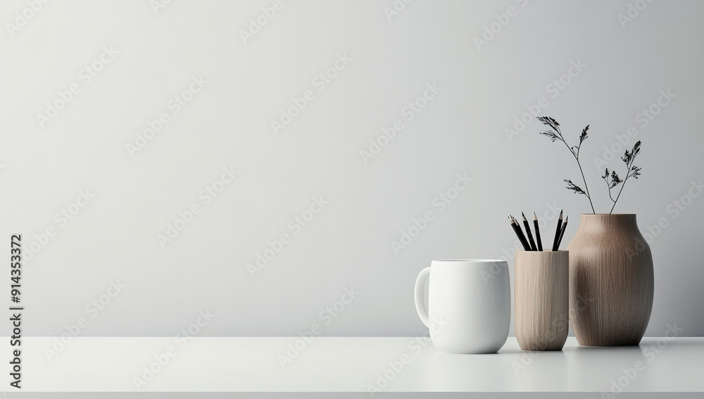 Minimalist Workspace Concept: White Desk, Pen Holder, and Mug Against Grey Wall Minimalist Workspace Concept: White Desk, Pen Holder, and Mug Against Grey Wall