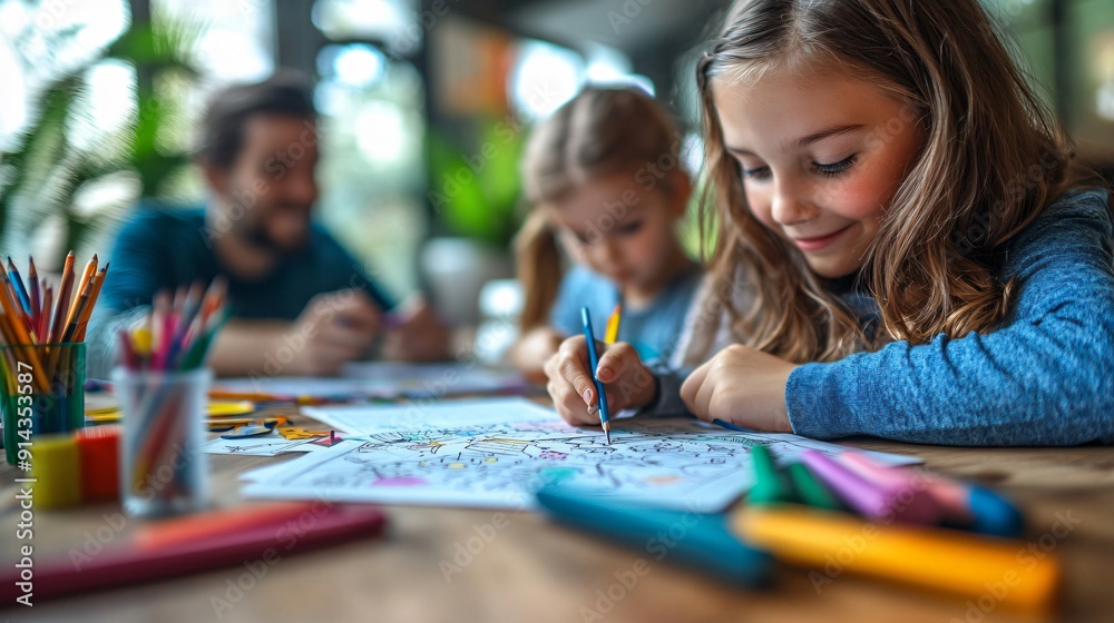 Family Fun at Home Parents and Kids Engaged in Creative Coloring Session, Filled with Warmth and Unity Family Fun at Home Parents and Kids Engaged in Creative Coloring Session, Filled with Warmth and Unity