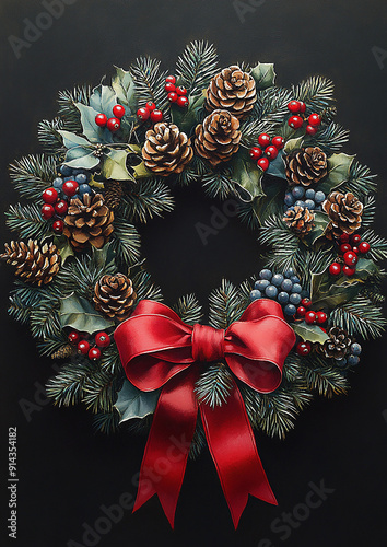 Artistic rendering of a Christmas wreath adorned with red ribbons, pinecones, and berries, perfect for holiday decorations photo