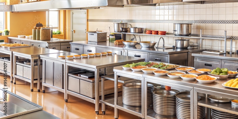 Modern commercial kitchen with stainless steel counters and equipment
