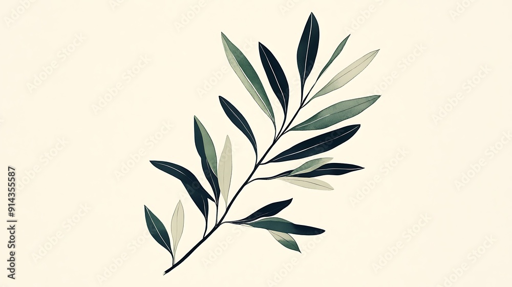 Fototapeta premium A Single Branch with Multiple Leaves in Shades of Green