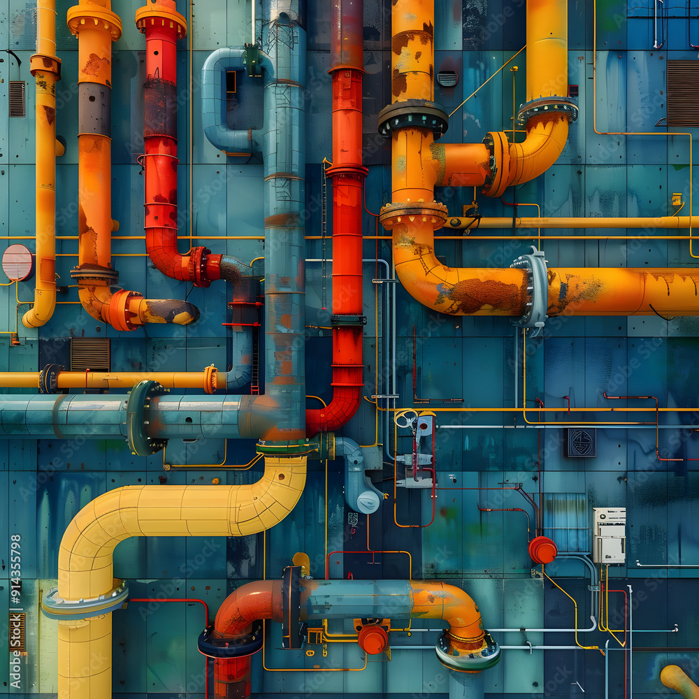 Abstract industrial background with colorful pipes and rusty metal.