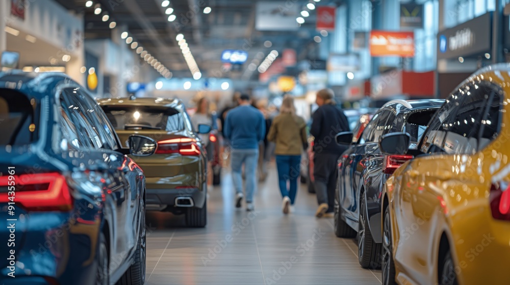 A bustling car showroom with various cars on display and people walking around. A bustling car showroom with various cars on display and people walking around.