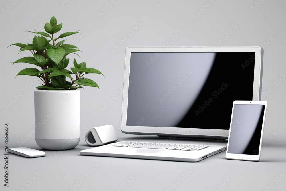 Fototapeta premium Minimalist workspace with a laptop, smartphone, and a potted plant.