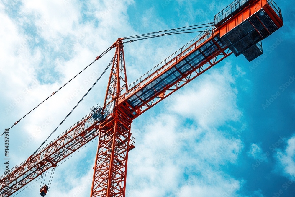 A towering crane operates under a clear sky in a construction area A towering crane operates under a clear sky in a construction area