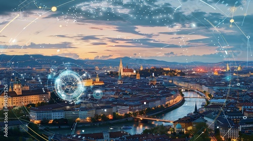 Nighttime Panorama of Vienna with Digital Overlays