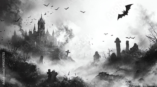 Halloween flyer, eerie graveyard with fog and bats, gothic style, monochrome, isolated on white background