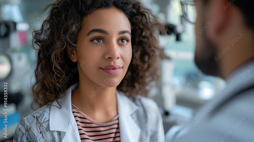 A woman in a lab coat focuses during a discussion with a colleague in a laboratory setting. A woman in a lab coat focuses during a discussion with a colleague in a laboratory setting.