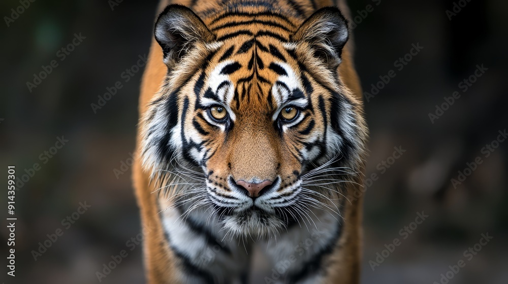 A tight shot of a tiger's face against a softly blurred backdrop of trees A tight shot of a tiger's face against a softly blurred backdrop of trees