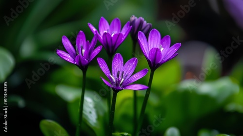  A group of purple flowers sits atop a verdant field, surrounded by a dense, forest of leafy greens