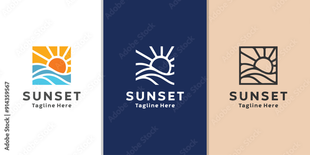 Abstract Sunset beach logo Landscape design Template Vector illustration. summer Wave sun Logo.