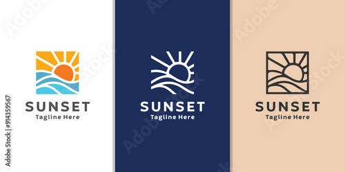 Abstract Sunset beach logo Landscape design Template Vector illustration. summer Wave sun Logo.
