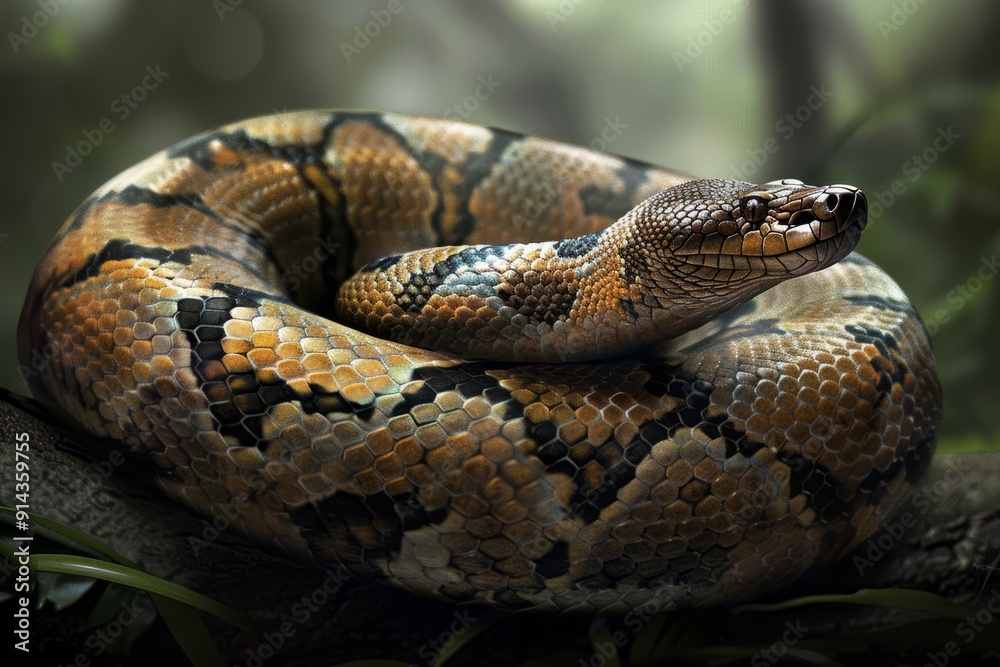 A tight shot of a snake coiled on a branch against a backdrop of trees and foliage A tight shot of a snake coiled on a branch against a backdrop of trees and foliage