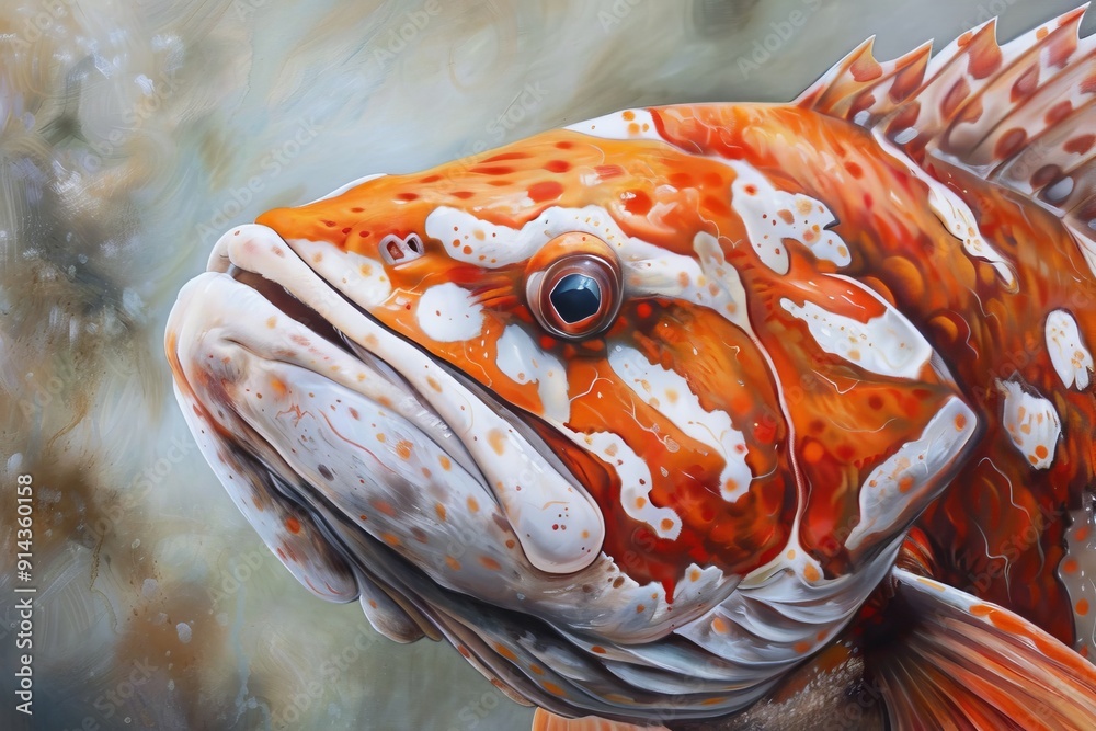 A red fish with white spots on its face and a black mark near its eye ...