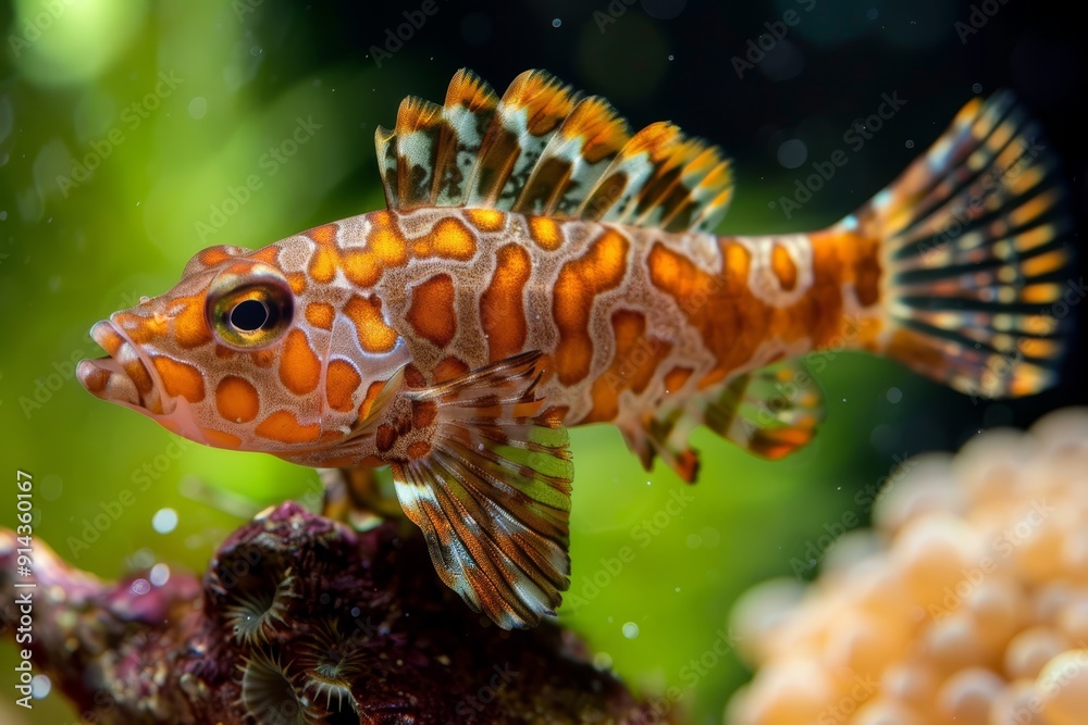 A tight shot of a small, orange-and-black fish against a backdrop of intricate corals and various marine plants A tight shot of a small, orange-and-black fish against a backdrop of intricate corals and various marine plants