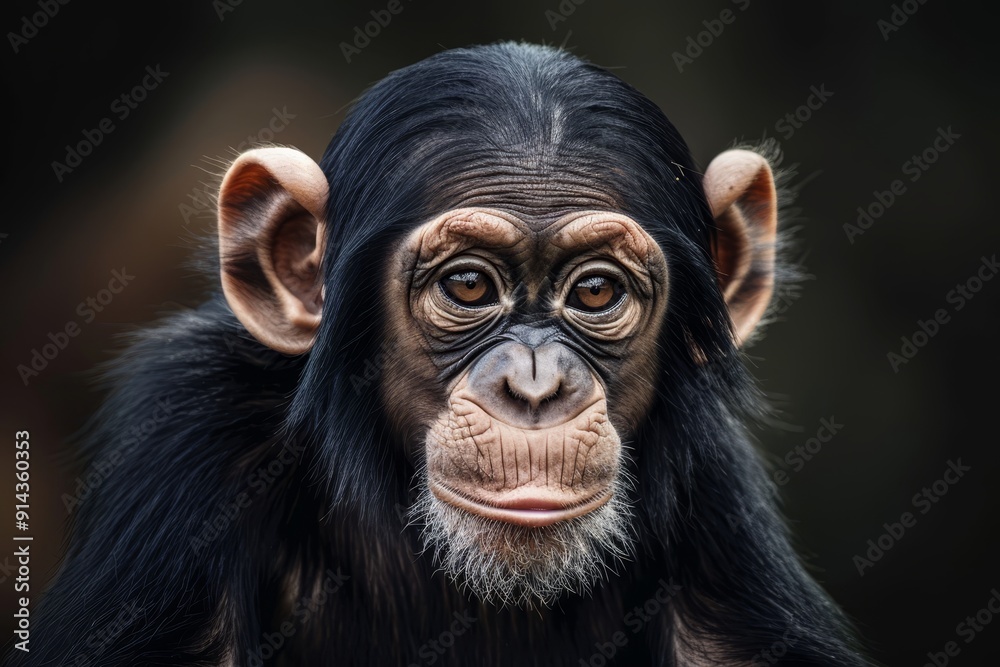 A monkey's face, tightly framed in close-up, expresses concern against a black backdrop A monkey's face, tightly framed in close-up, expresses concern against a black backdrop