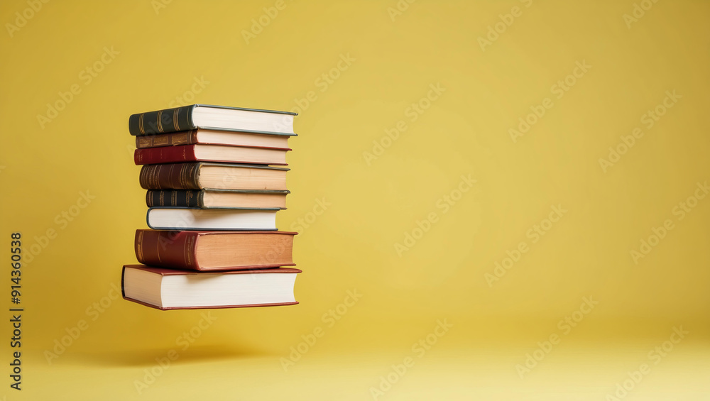 Fototapeta premium Stack of books appears to float effortlessly against bright yellow backdrop with copy space