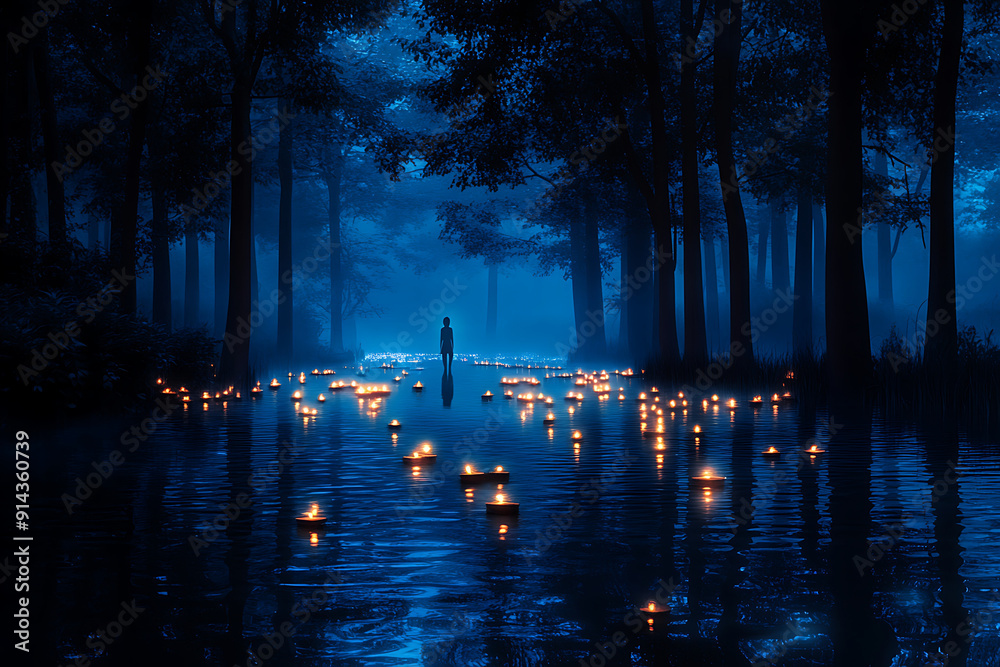 Illustration, selective focused, blurred, beautiful moon Goddes at night in a mystical forest, universe