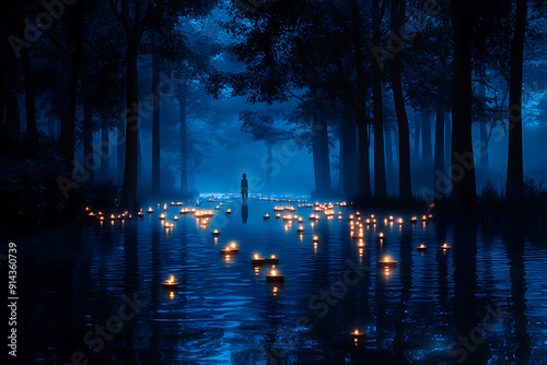 Obraz na płótnie Illustration, selective focused, blurred, beautiful moon Goddes at night in a mystical forest, universe w salonie