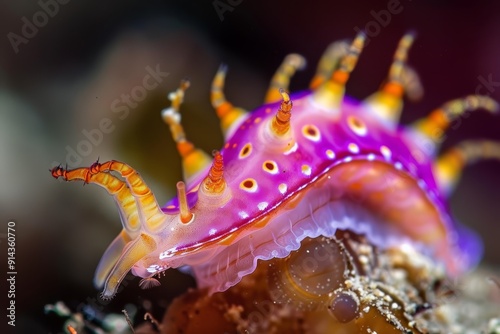  A tight shot of a purple-yellow sea slug perched on a rock, speckled with water droplets on its surface