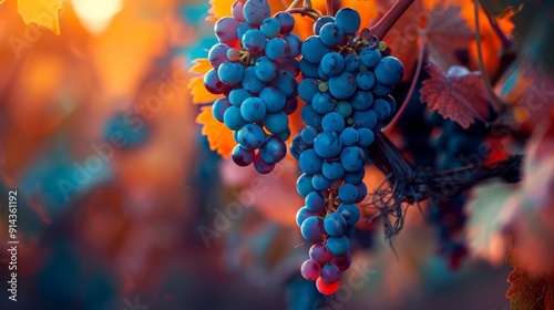 Vineyard at sunset with large of grapes hanging from the vines