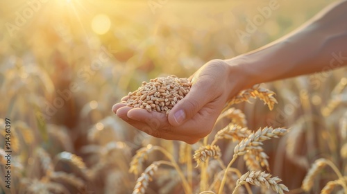 A handful of wheat held by a farmer, with a sun-drenched field in the background photo