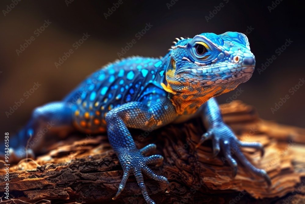 A tight shot of a blue-yellow lizard perched on a tree branch against a softly blurred background A tight shot of a blue-yellow lizard perched on a tree branch against a softly blurred background