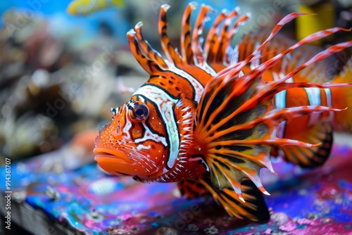  A tight shot of a red-and-white fish against a backdrop of blue and pink, with corals in the surrounding background