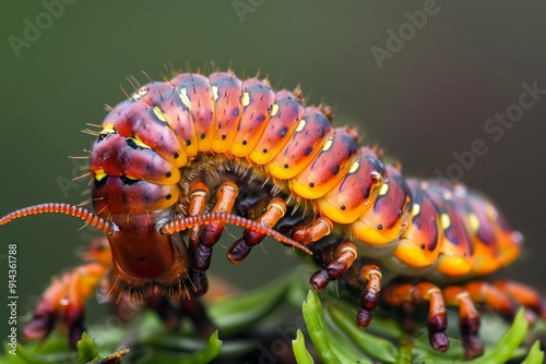  A collection of red and yellow caterpillars seated on a green, leafy plant