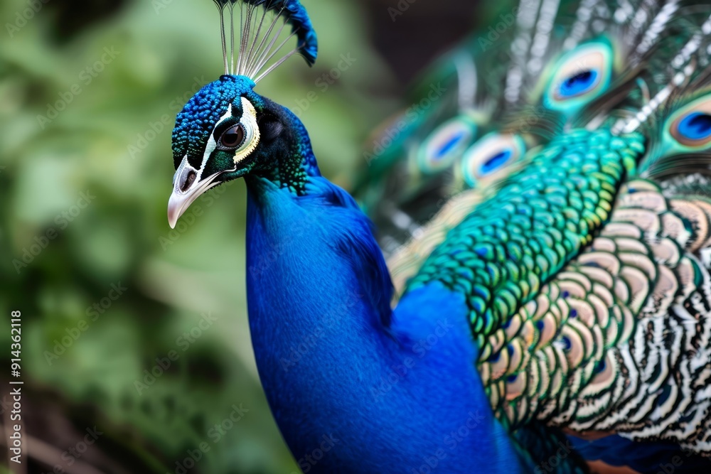 A tight shot of a peacock with spread feathers and its head slightly turned A tight shot of a peacock with spread feathers and its head slightly turned