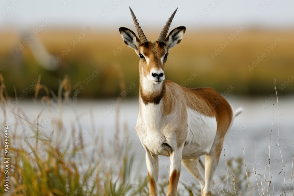 A goat, nose-to-nose with water, sits before an expanses of grassy foreground In the backdrop, a bird perches A goat, nose-to-nose with water, sits before an expanses of grassy foreground In the backdrop, a bird perches