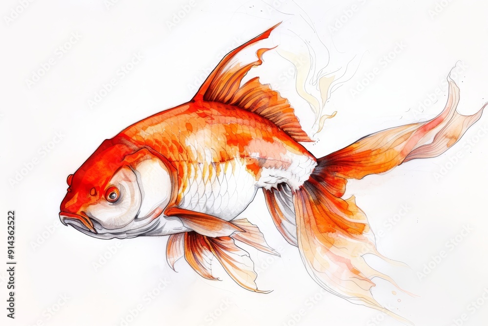 A goldfish depicted with red and white vertical stripes on its body and head against a plain white backdrop A goldfish depicted with red and white vertical stripes on its body and head against a plain white backdrop