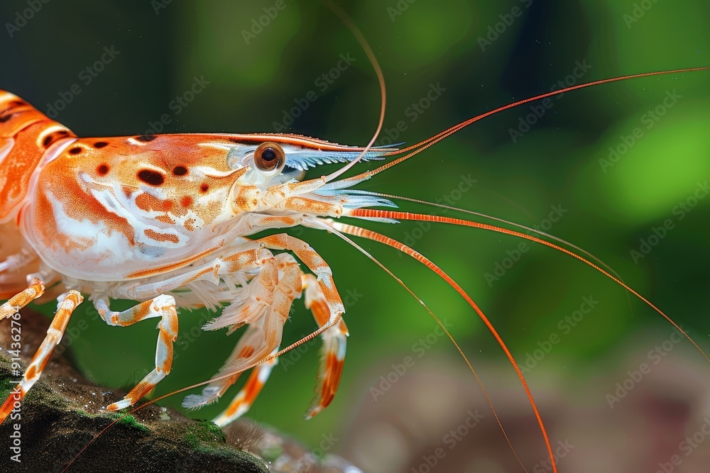 A tight shot of a red and white shrimp perched on a branch, its long tentacles extending from its mouth A tight shot of a red and white shrimp perched on a branch, its long tentacles extending from its mouth