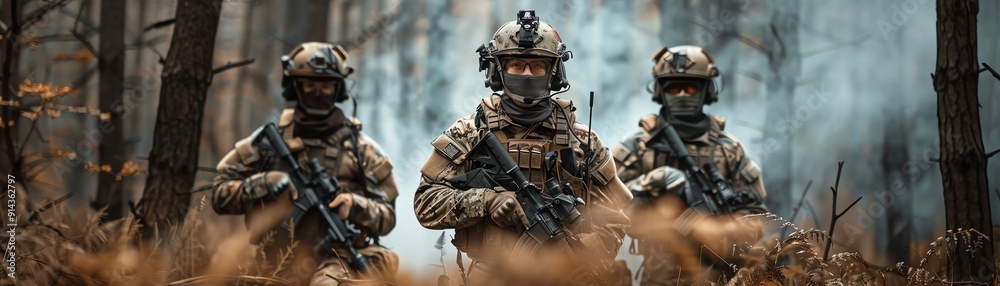 Three soldiers in tactical gear in a forest, front view, misty background, serious expressions Three soldiers in tactical gear in a forest, front view, misty background, serious expressions