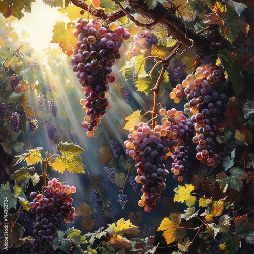 Vineyard at sunset with large of grapes hanging from the vines photo