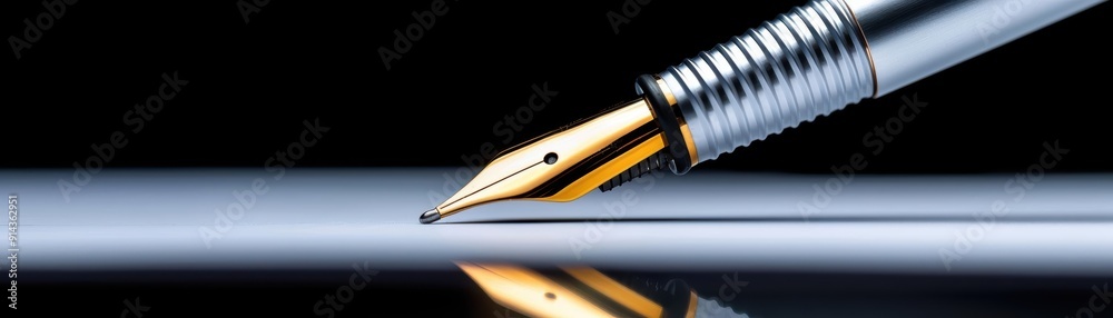 A close-up of a sleek fountain pen's nib, showcasing its elegant design against a blurred background, symbolizing sophistication. A close-up of a sleek fountain pen's nib, showcasing its elegant design against a blurred background, symbolizing sophistication.