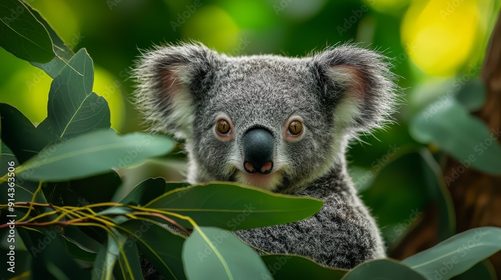  A tight shot of a koala in a tree, gazing directly at the camera with an expression of surprise