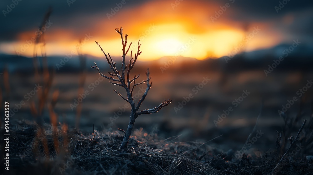 A small tree stands alone in a field as the sun sets in the background A small tree stands alone in a field as the sun sets in the background