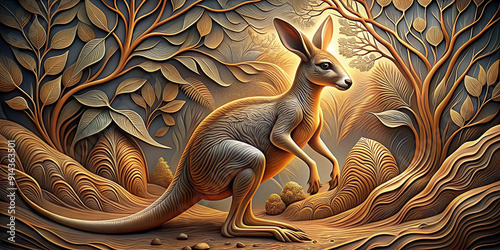 Beautiful Kangaroo 3d relief wallpaper. Mural wallpaper. Wall art. AI generated illustration