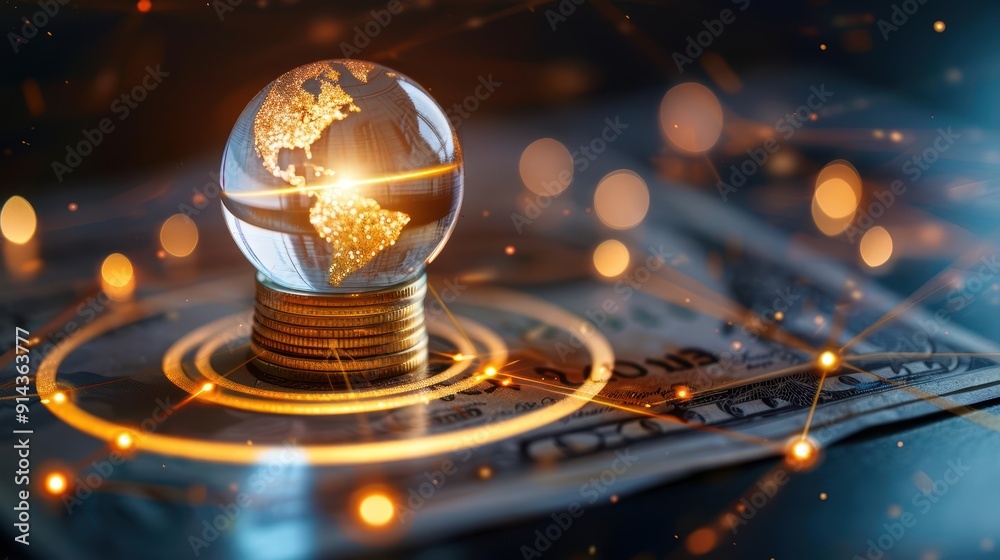 A crystal globe atop a stack of coins, symbolizing global finance and investment opportunities against a blurred background.