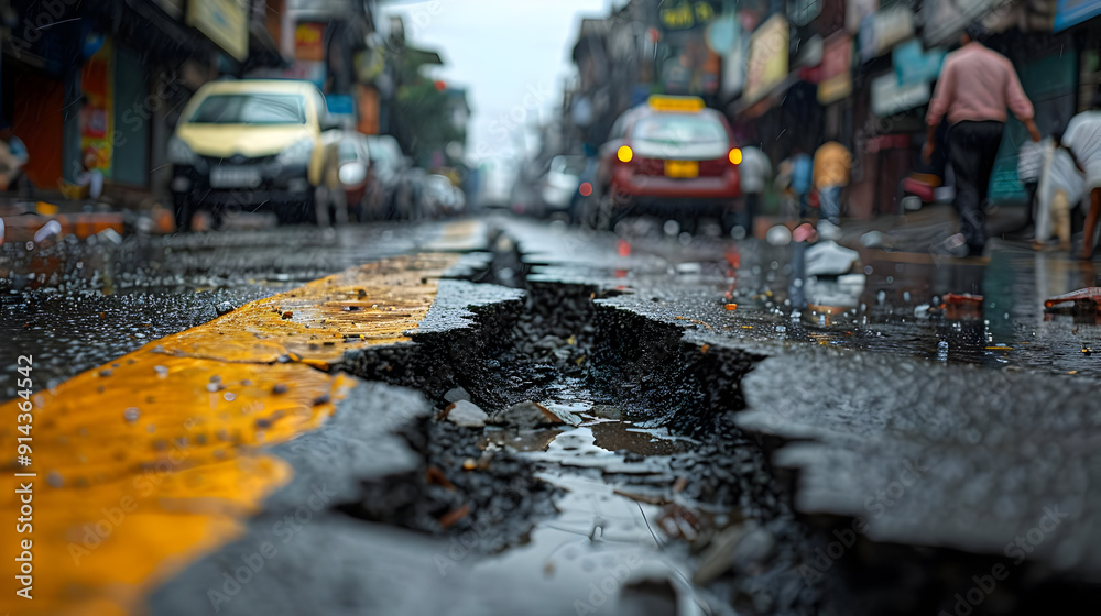 Closeup of a cracked and wet asphalt road with a yellow line and raindrops falling. Closeup of a cracked and wet asphalt road with a yellow line and raindrops falling.
