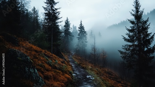  A path, shrouded by fog, flanks either side with pine trees The trail cuts through the forest's dense mist