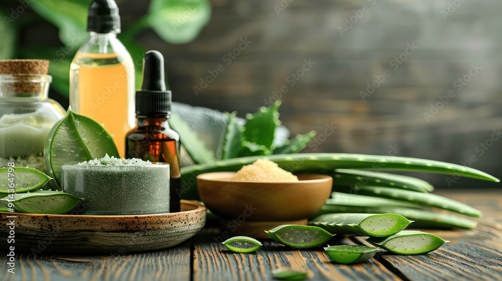 Aloe vera cosmetic oil on wooden background. Generative AI Aloe vera cosmetic oil on wooden background. Generative AI