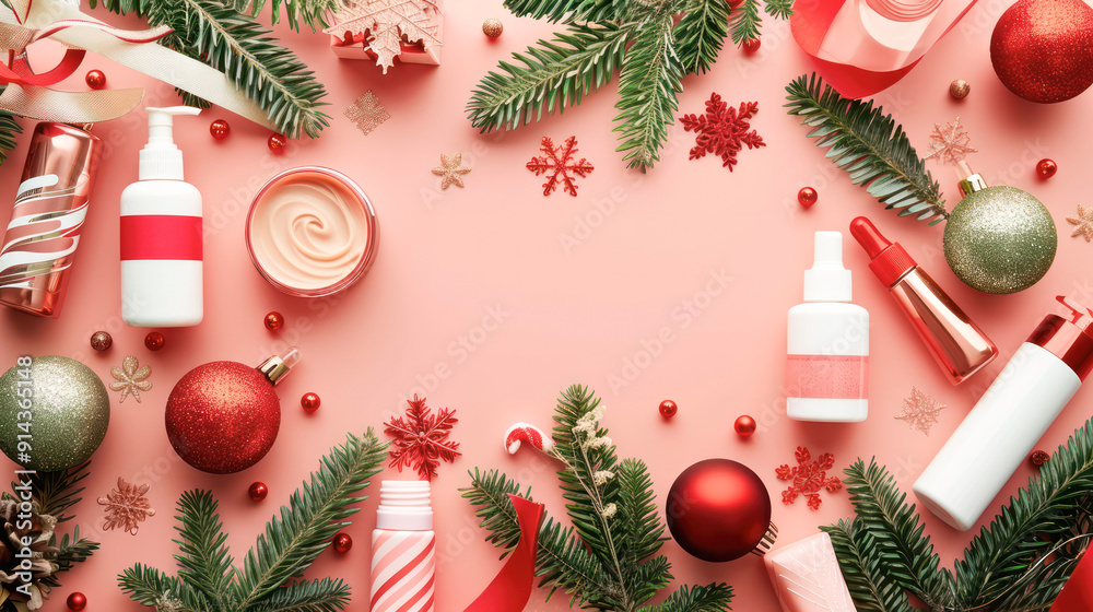 Winter skin care and hand care cosmetic in unbranded containers, bottles, tubes with artificial snowflakes, Christmas tree branches and gift boxes.Generative AI Winter skin care and hand care cosmetic in unbranded containers, bottles, tubes with artificial snowflakes, Christmas tree branches and gift boxes.Generative AI