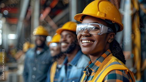 Closeup of a smiling woman wearing a hard hat and safety glasses on a construction site.