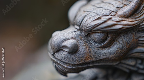  A tight shot of a dragon stature's head, background softly blurred