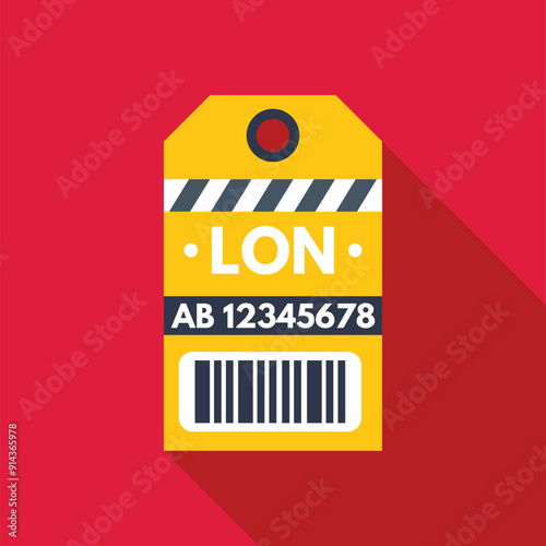 Yellow luggage tag for london airport with barcode for tracking personal belongings