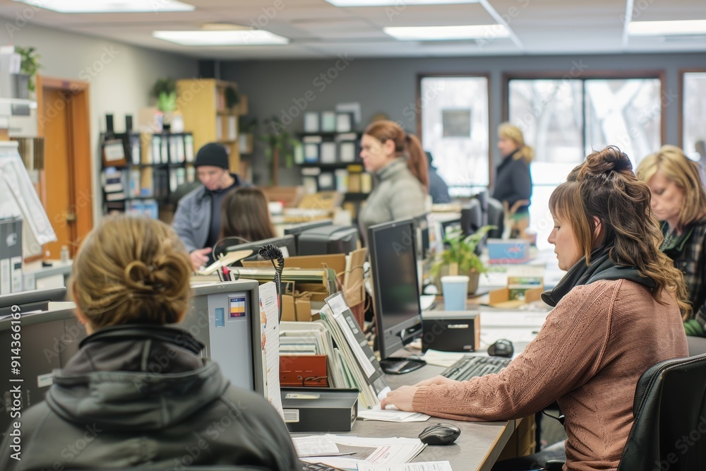 Busy job center: diverse individuals accessing employment resources and support services... Busy job center: diverse individuals accessing employment resources and support services...