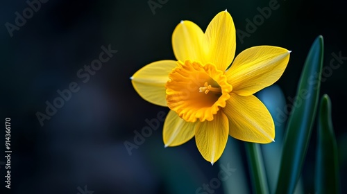  A solitary yellow daffodil bloom with emerald-hued stems in the foreground, while the backdrop softly blurs photo