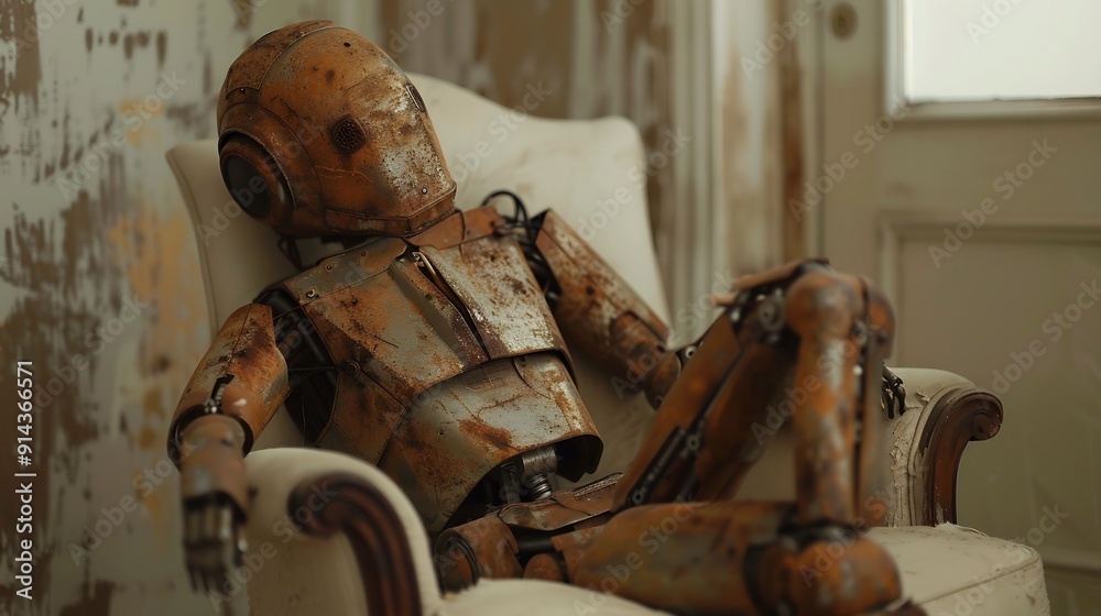 Rusty Robot Relaxing in a White Chair Rusty Robot Relaxing in a White Chair